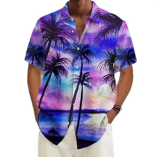 Men's casual printed polyester shirt shown in one of eight available colours.