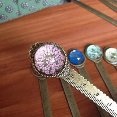 Handmade dry flower gypsophila ruler bookmark with lace flowers, daffodils and clover on 12 cm scale