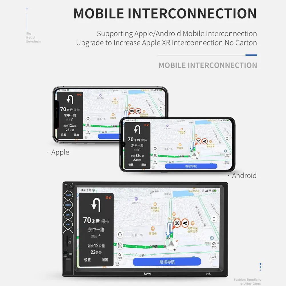 7 inch double DIN car MP5 player with TFT touchscreen, USB, SD, and Bluetooth connectivity