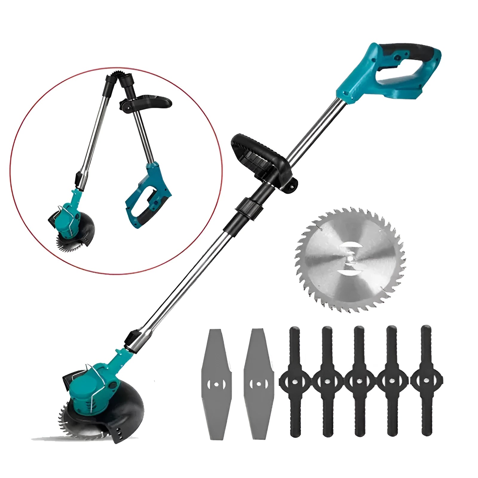 Folding lithium electric lawn mower with telescopic handle, circular blade, and wheels on grass