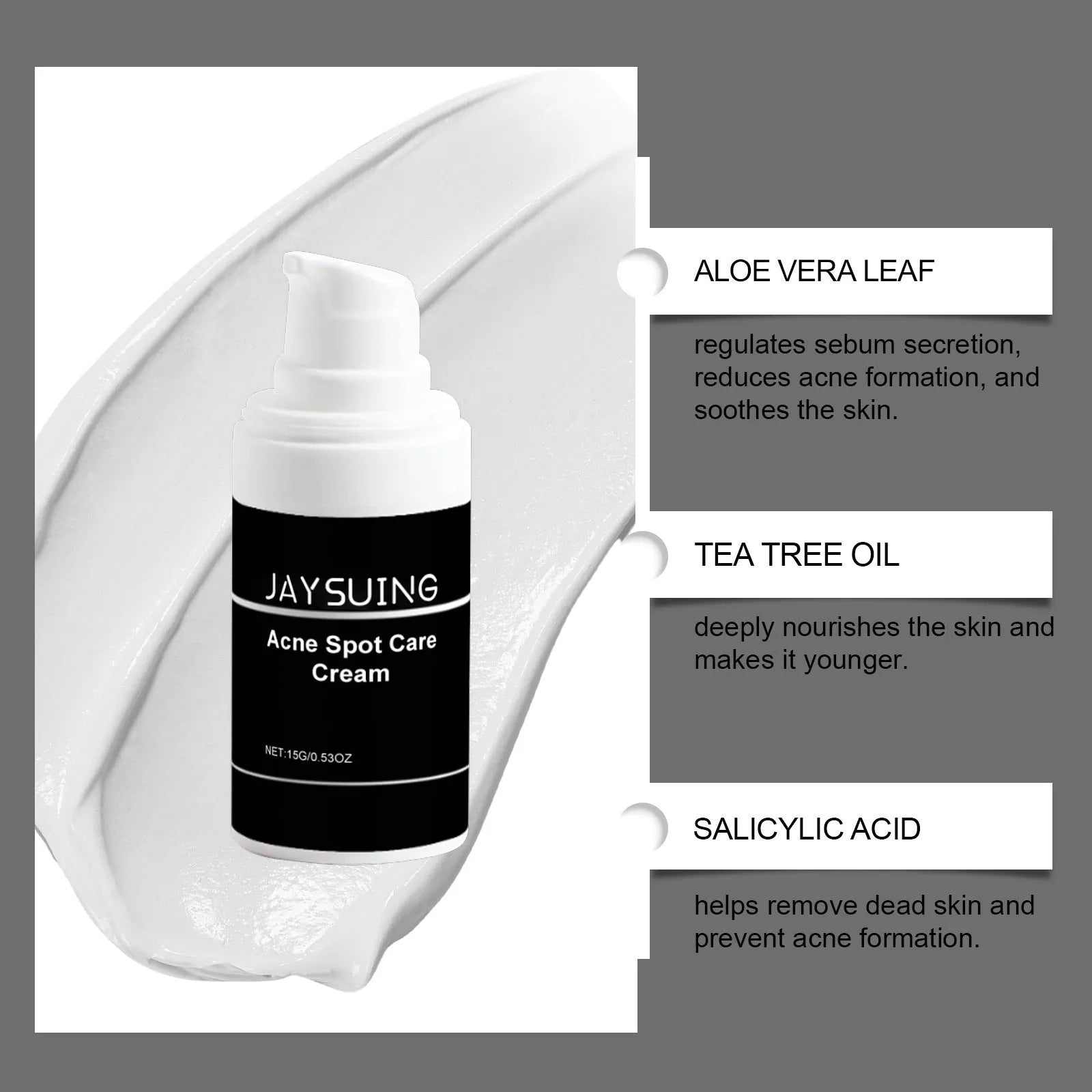 15g tube of acne cream with mint leaf and tea tree oil for facial spot treatment