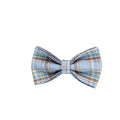 Sky blue grid pattern dog collar, leash, vest, and bow set laid out on a white background.