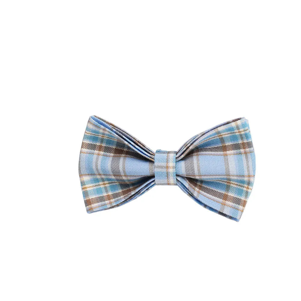 Sky blue grid pattern dog collar, leash, vest, and bow set laid out on a white background.