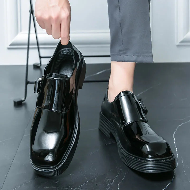 Men's glossy black platform loafers with hidden low heel for summer wear