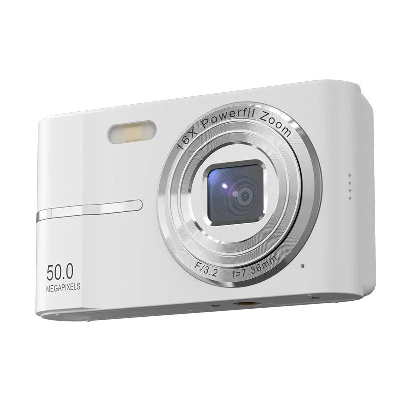 Compact HD 4K digital student camera in black, green, pink, or white with a lanyard and charging cable.