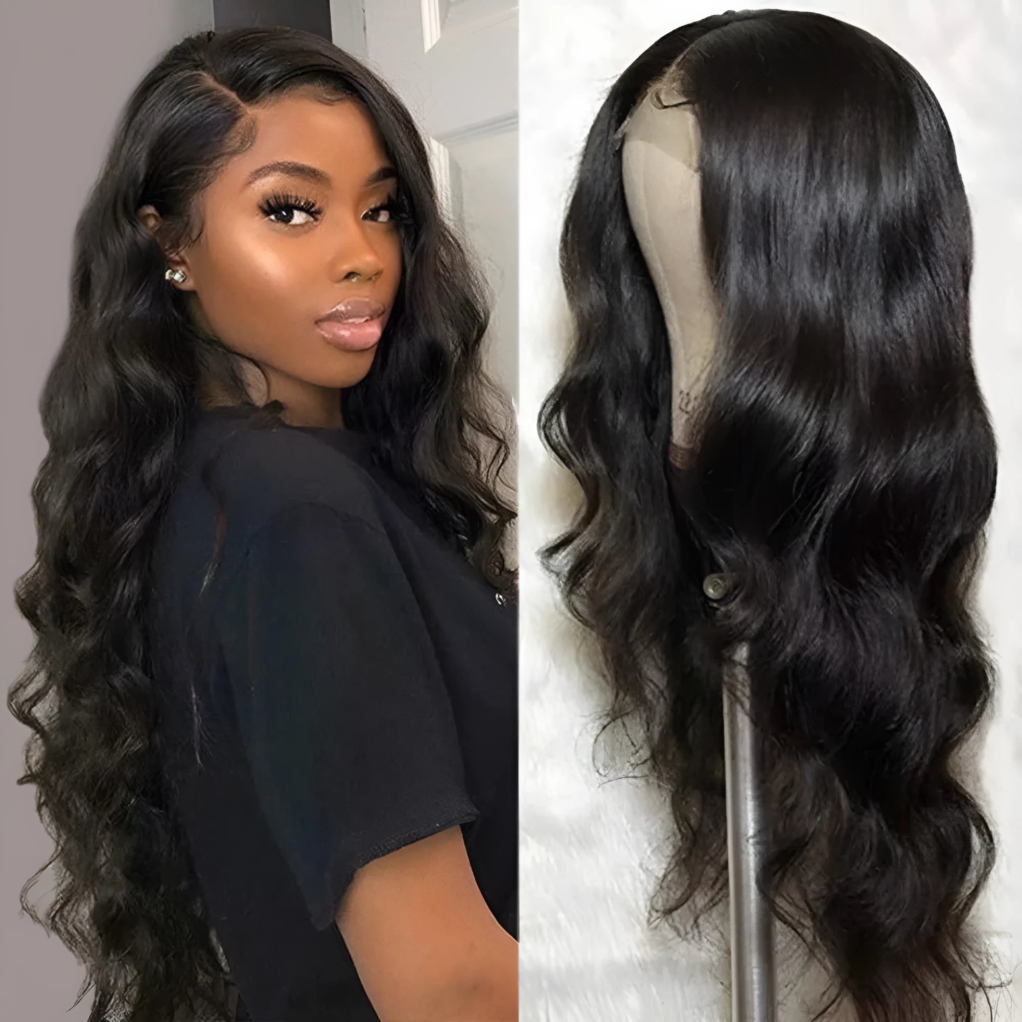 Natural human hair wig in black colour machine-made construction medium length ladies wig