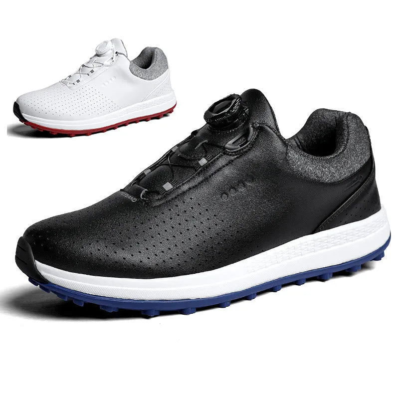 Men's white and black golf shoes with broken nail pattern soles and breathable design