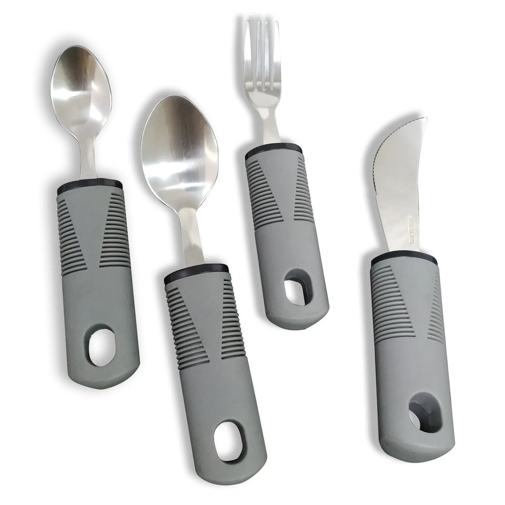 Stainless steel adaptive knife, fork, and spoon with black rubber handle for assisted eating.
