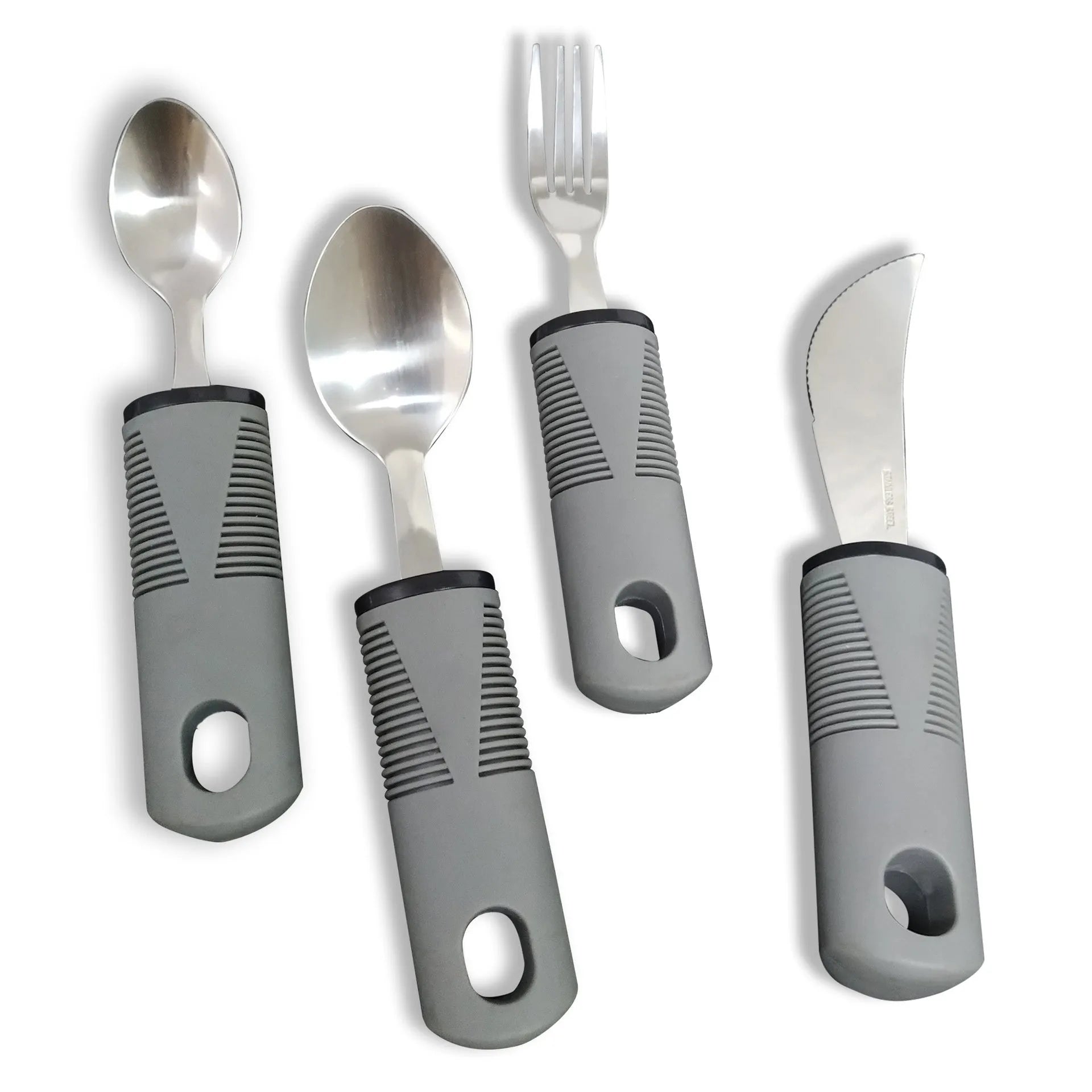 Stainless steel adaptive knife, fork, and spoon with black rubber handle for assisted eating.