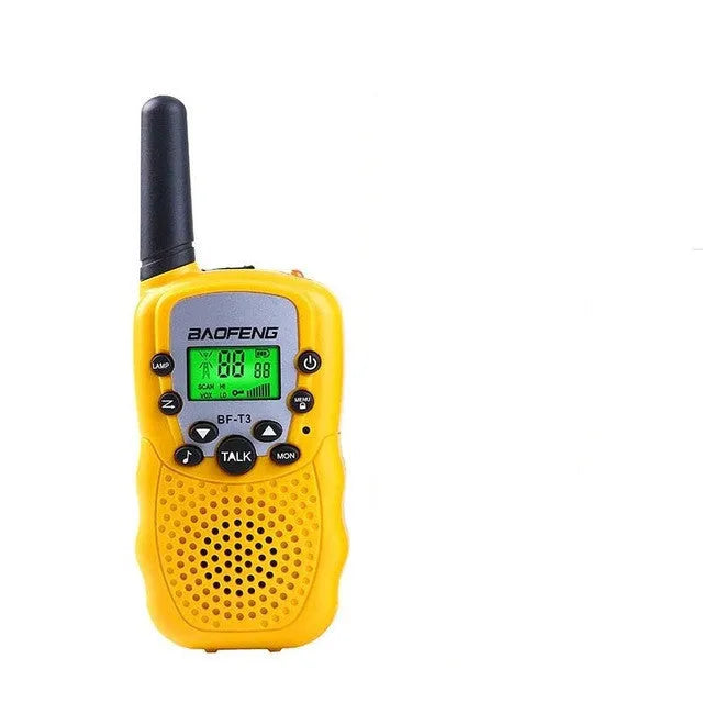 Child holding colourful walkie talkie with 22-channel display and push-to-talk button