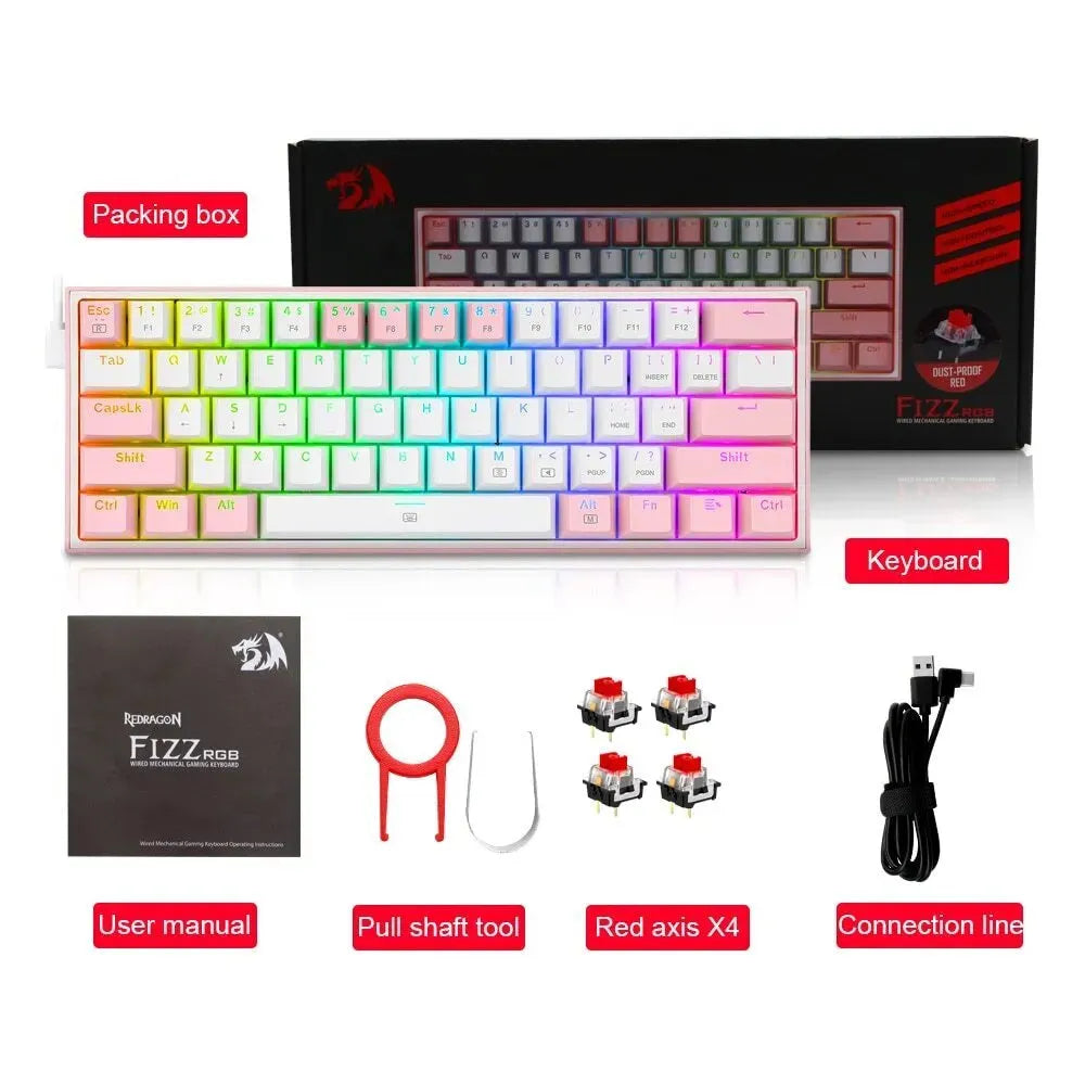 White pink mechanical keyboard with RGB backlighting and multimedia function keys