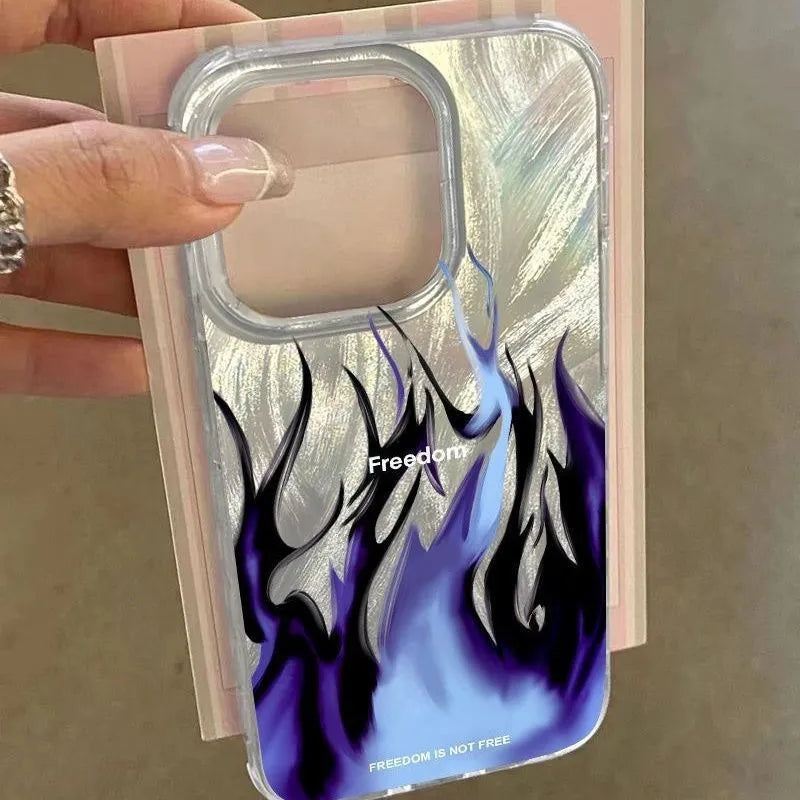 Silicone phone case for Apple iPhone with blue and red flame designs on a black background.