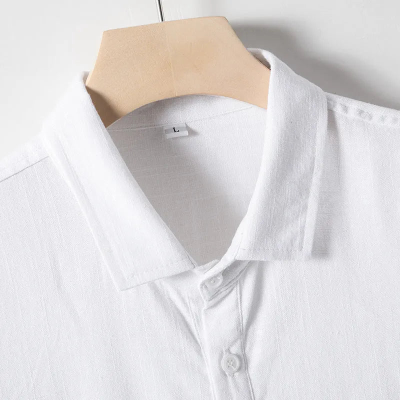 Men's loose fit linen blend t-shirt with lapel collar in optic linen colour.