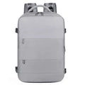 Large purple waterproof Oxford cloth travel backpack showing organisational pockets and air pillow belt