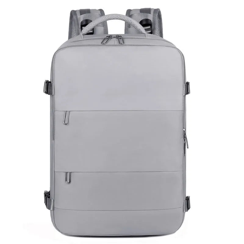 Large purple waterproof Oxford cloth travel backpack showing organisational pockets and air pillow belt