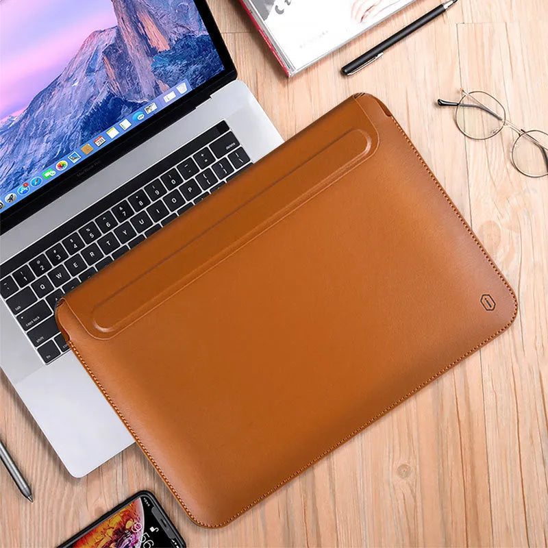 Dark blue PU leather notebook liner case with soft handle and hook and loop closure for 13.3 inch tablet