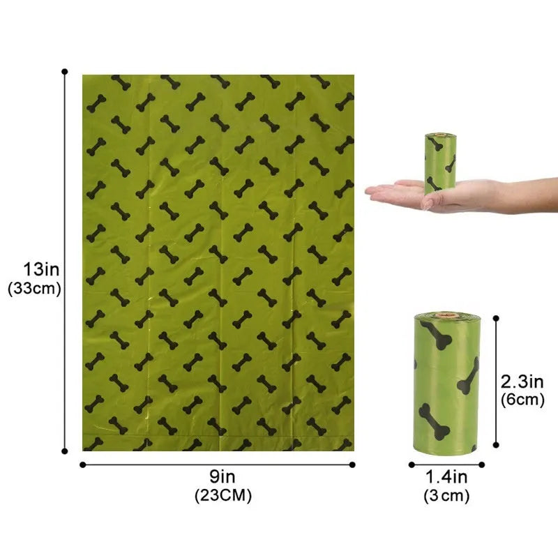 Roll of military green degradable dog poop bags with black bone print, showing bag size of 23x33cm.