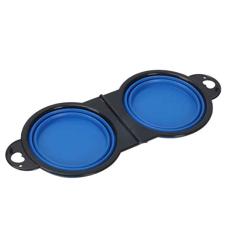 Folding silicone double pet bowl shown in expanded and collapsed positions with anti-slip base