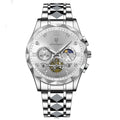 Men's waterproof multi-functional leisure watch with metal strap, 41mm dial, and mineral glass mirror in silver tone