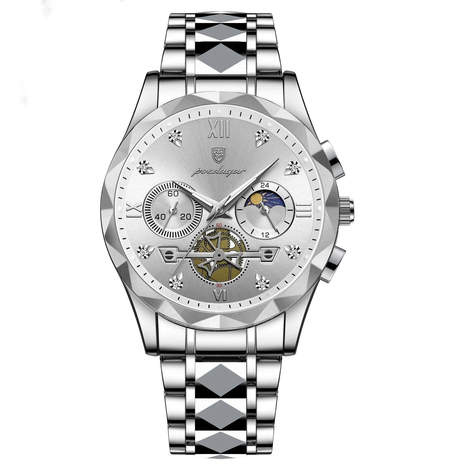 Men's waterproof multi-functional leisure watch with metal strap, 41mm dial, and mineral glass mirror in silver tone