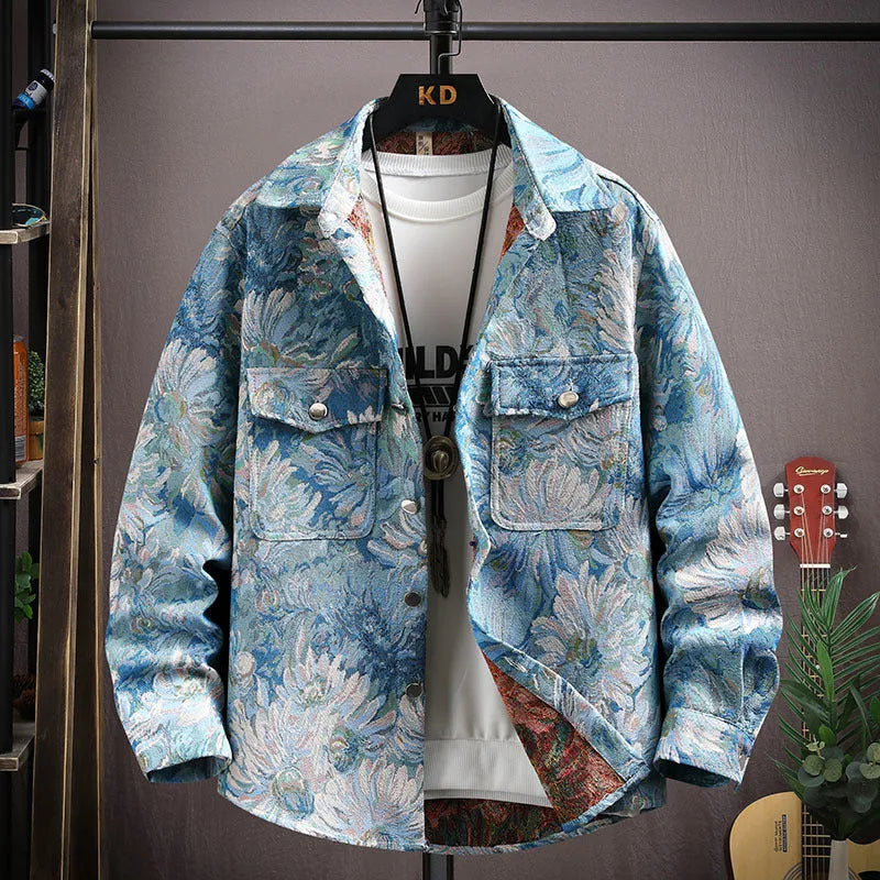 Personality casual lapel shirt coat in a colour option, shown with long sleeves and straight hem.