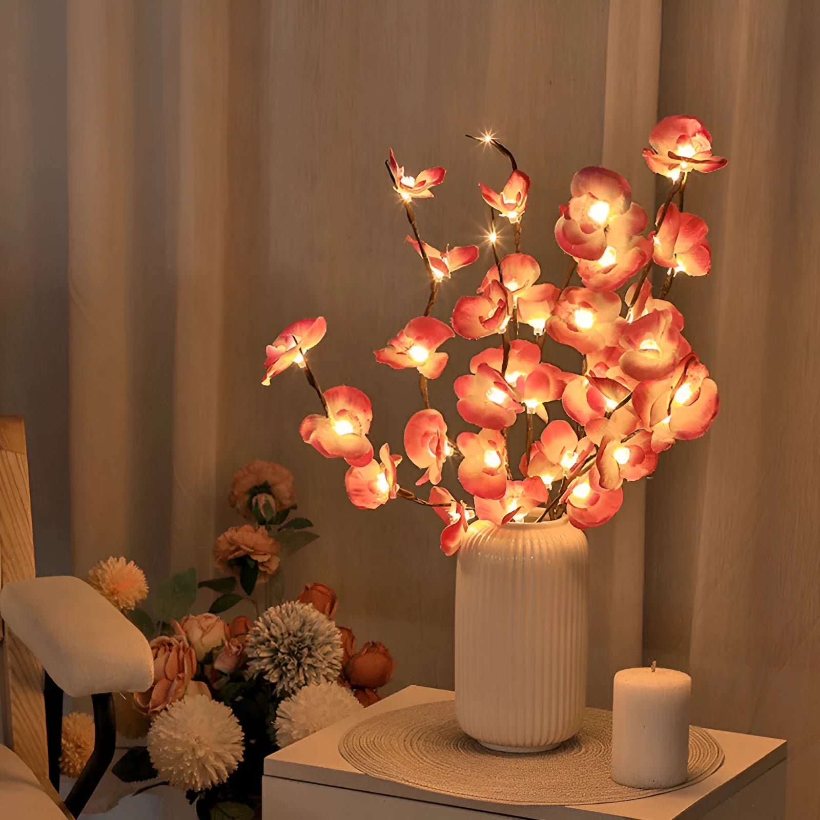 Pink phalaenopsis orchid branch LED light with fabric shade on a wooden surface, measuring 65cm long.