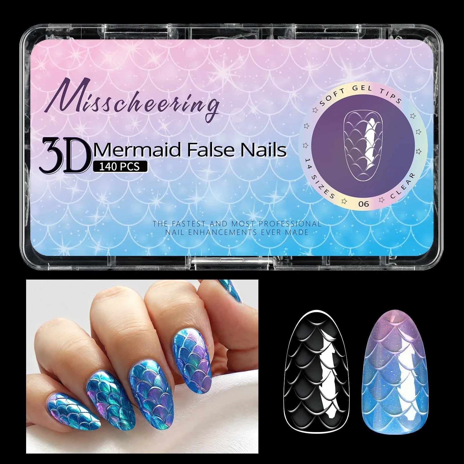 Box of 3D scale long shaping artificial nail tips in one of seven Frigate Box colour options.