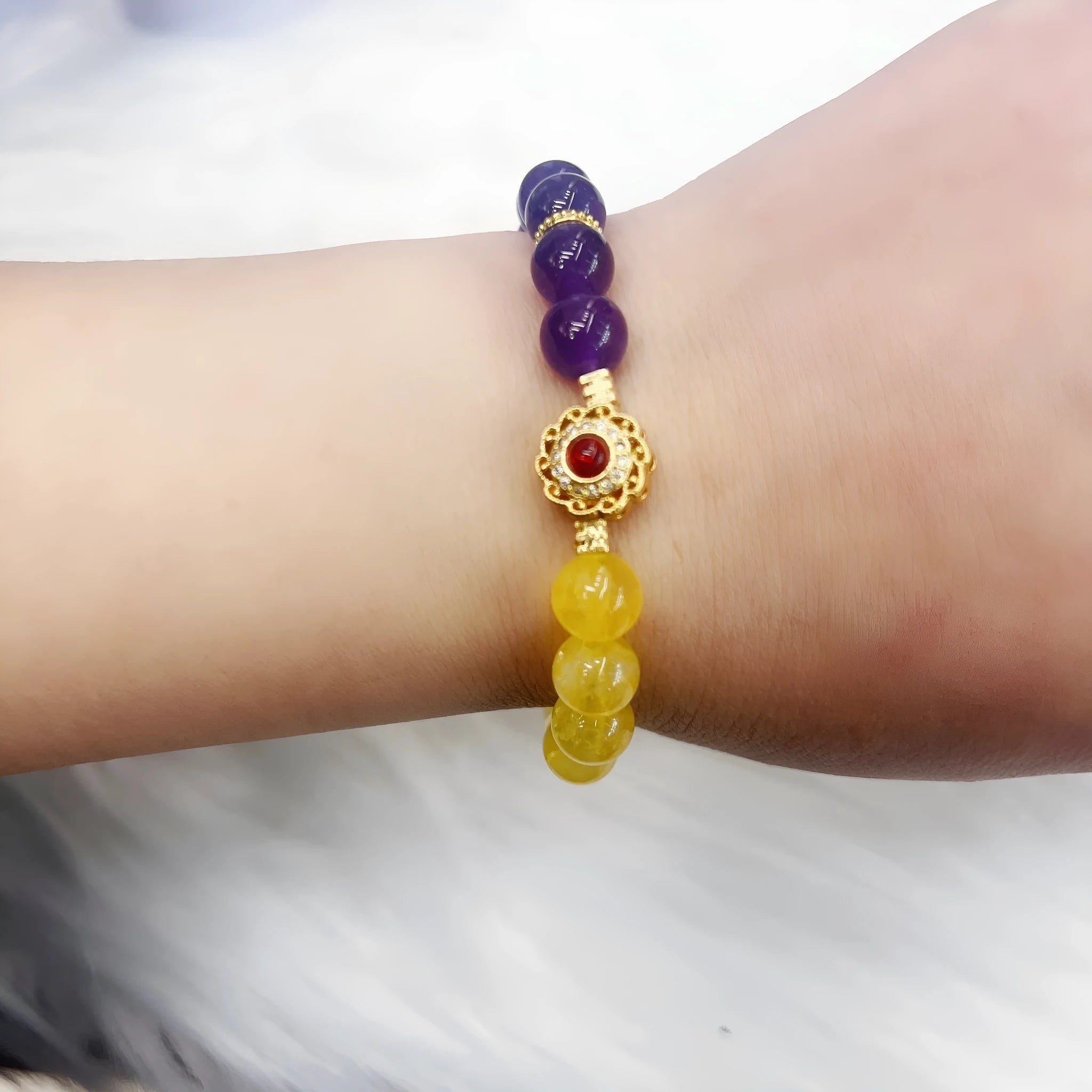 Handmade yellow and purple amethyst crystal bracelet for women with niche style design