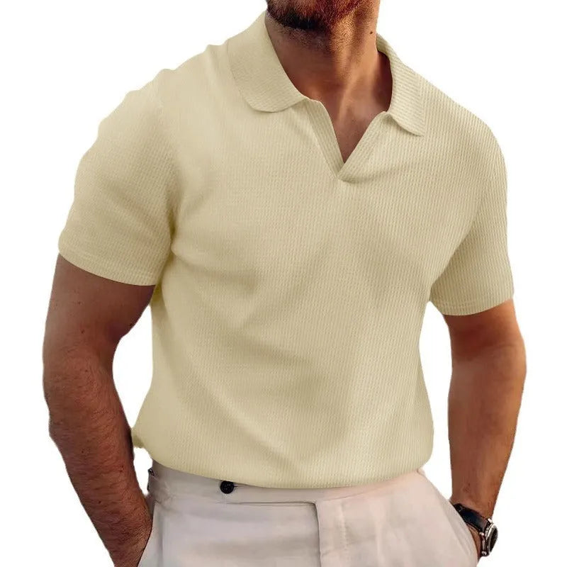 Men's slim fit summer T-shirt with waffle texture and lapels in black, grey, khaki, blue or white