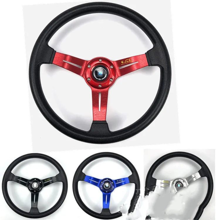 Universal PU racing steering wheel, 14 inch 340mm diameter, with aluminium bracket, iron ring, and speaker, in black, red, blue, or silver.