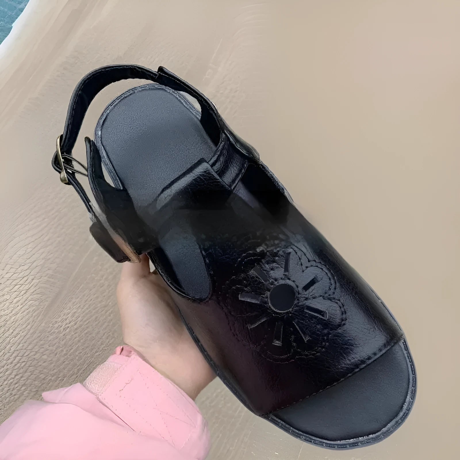 Men's black embroidered floral beach sandals with flat heel on PU upper material