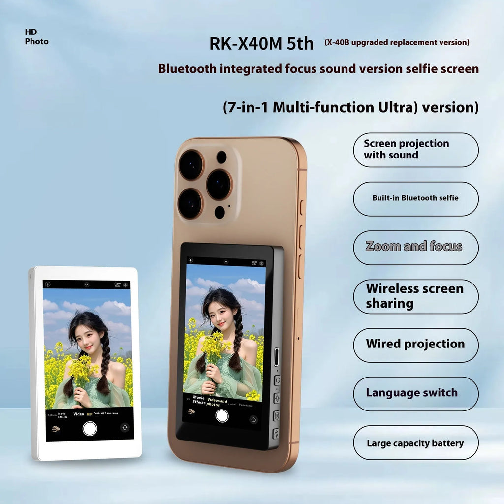 Mobile phone rear magnetic selfie display audio zoom projector in black, grey, or white colours