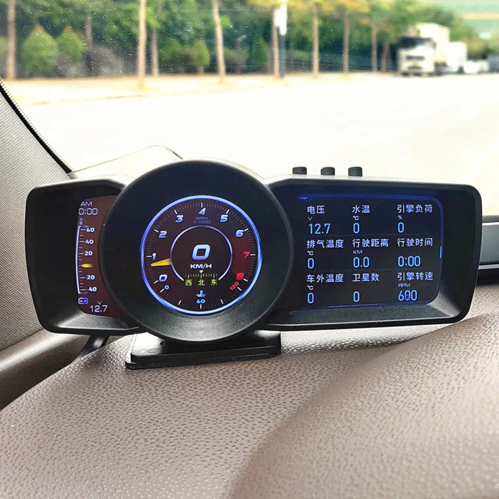 A600 OBDII vehicle monitor computer with TFT screen, connecting cable, and installation tools.