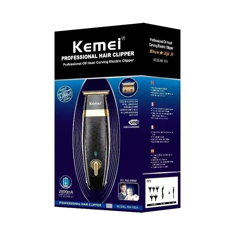 KM1834 rechargeable electric hair clipper with five limit combs on a white background