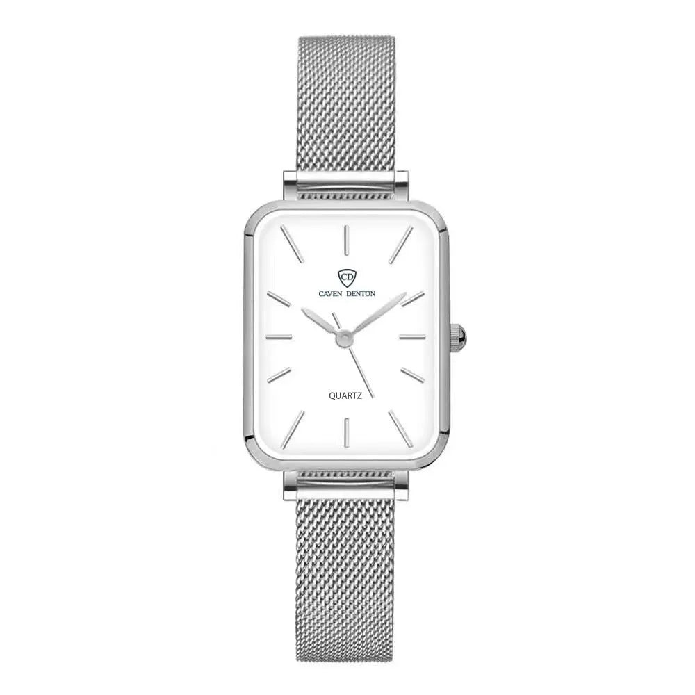 Women's rose gold waterproof quartz watch with woven steel strap and alloy case.