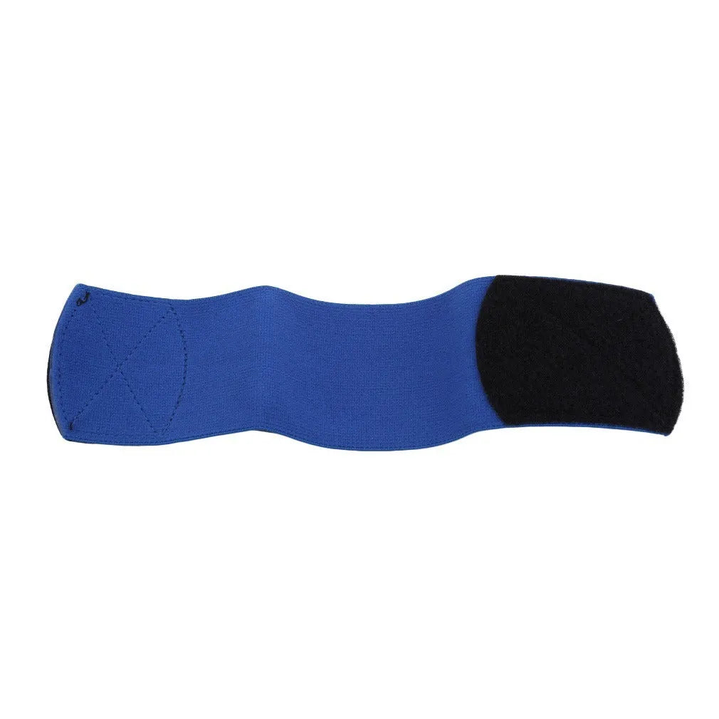 Red elastic rubber football shin guard tape belt laid flat, showing its length and width.
