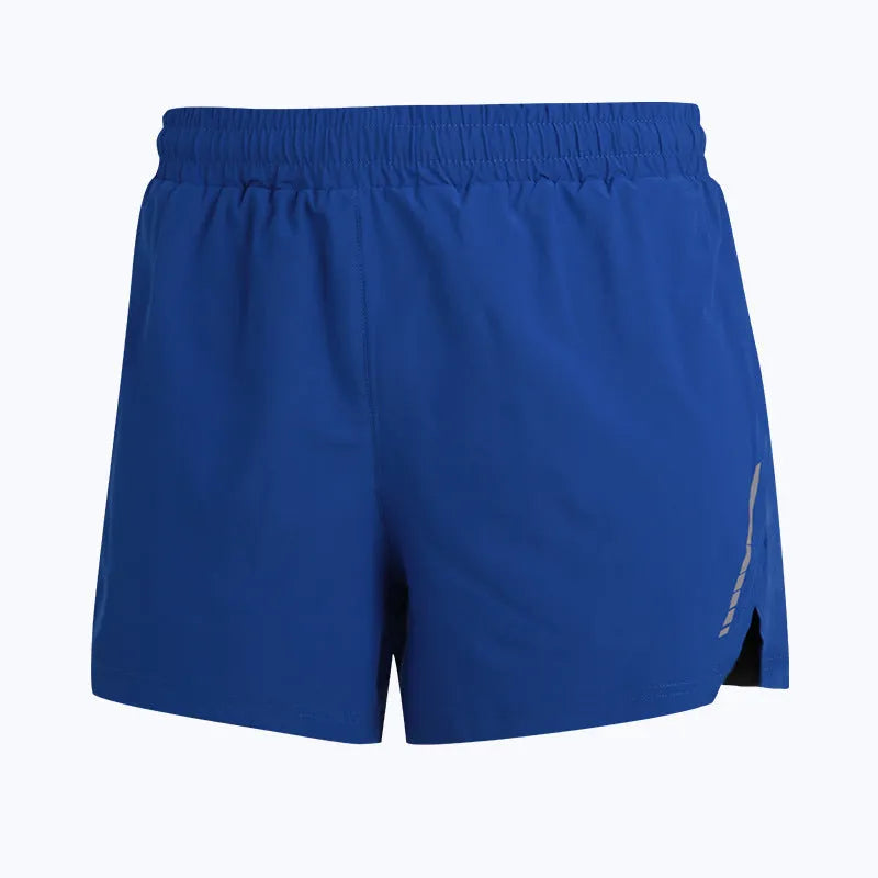 Men's gray straight-leg quick-dry running shorts laid flat, showing moisture-wicking polyester fabric.