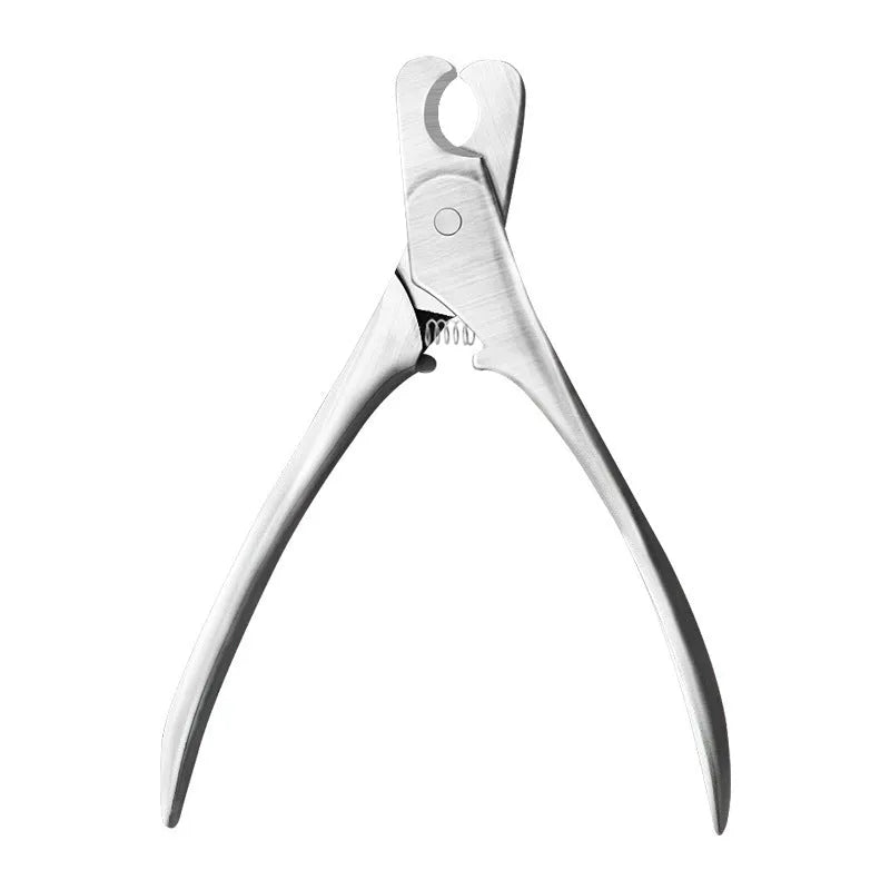 Silver stainless steel professional pet nail clipper for dogs and cats on a plain background.