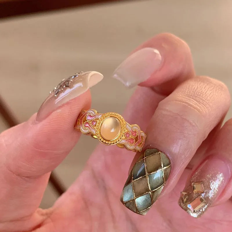 Pink crystal enamel geometric open ring on gold plated copper band for women