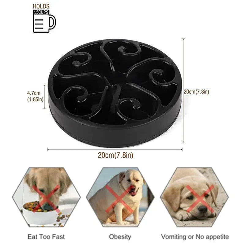 Colour options of an eco-friendly dog slow feeder bowl with maze pattern and non-slip base.