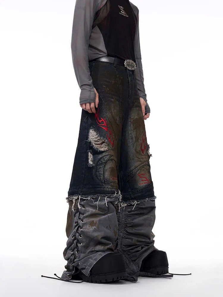 Men's retro jeans with detachable trouser legs showing wide leg denim design