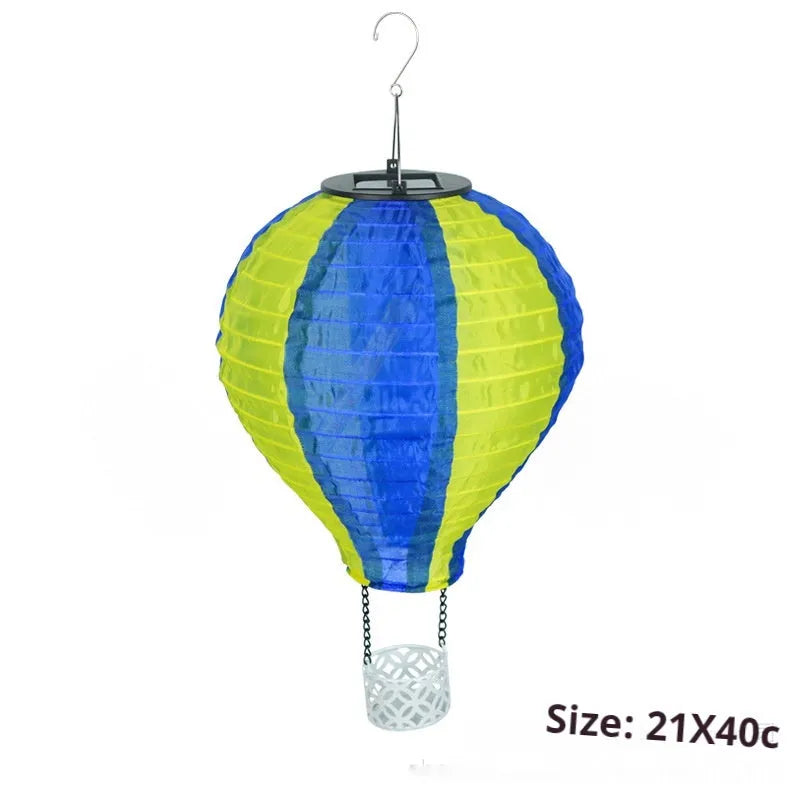 Solar hot air balloon lantern lawn lamp with silk cloth shade, IP44, available in pink red, blue green 21x40, yellow blue.
