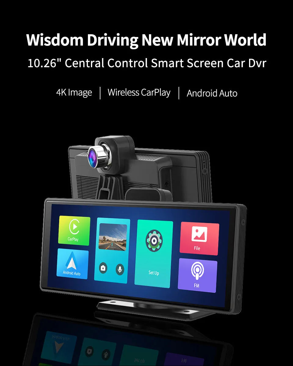 12-inch touch screen car dash cam mounted on windshield, showing split-screen view of front and rear road footage.