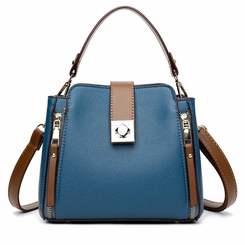 Women's fashion casual all-match PU leather crossbody bucket bag in black with spliced street trend design