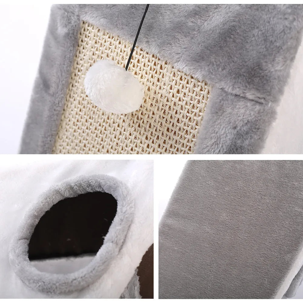 Grey and white triangle cat scratching post with integrated plush bed for cats.