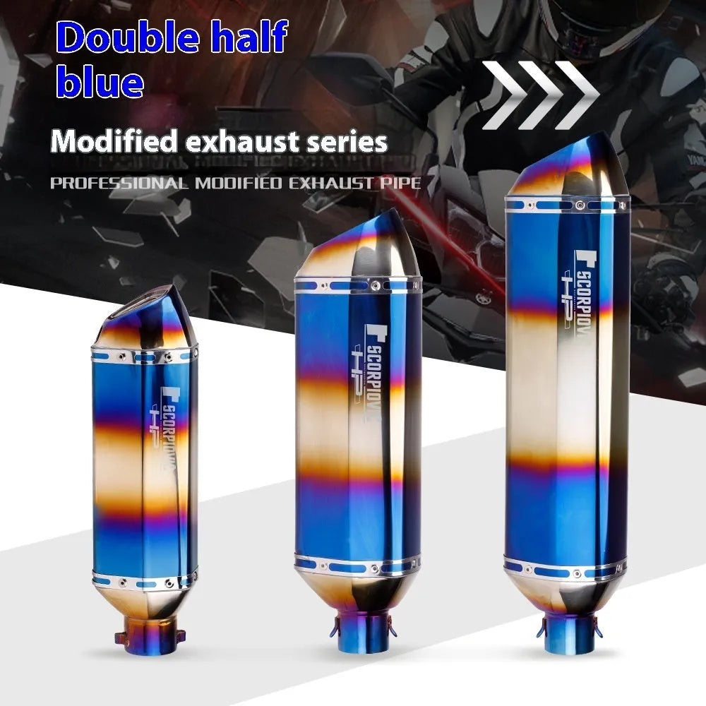Double half blue stainless steel racing exhaust pipe for motorcycle modification, roasted blue finish, 370 470 570 options