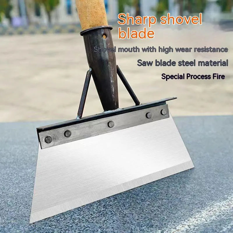 Manganese steel cleaning shovel with a tool steel head, shown in a garden setting.
