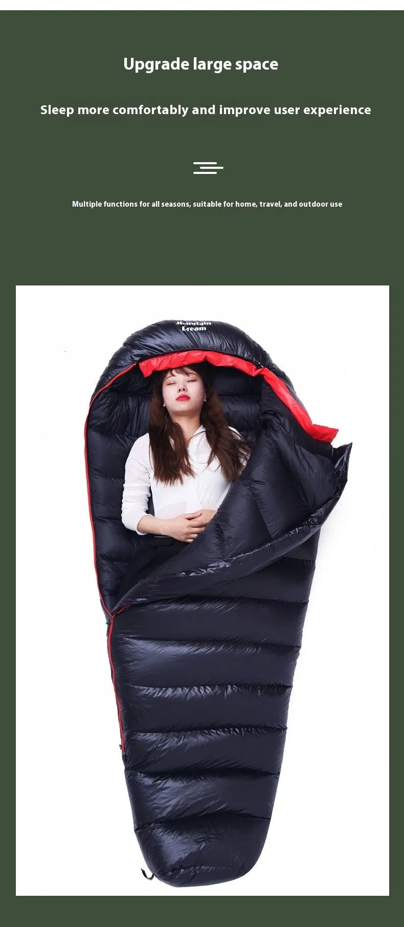 Ultralight mummy sleeping bag in army green colour with white duck down filler and water-repellent nylon fabric.
