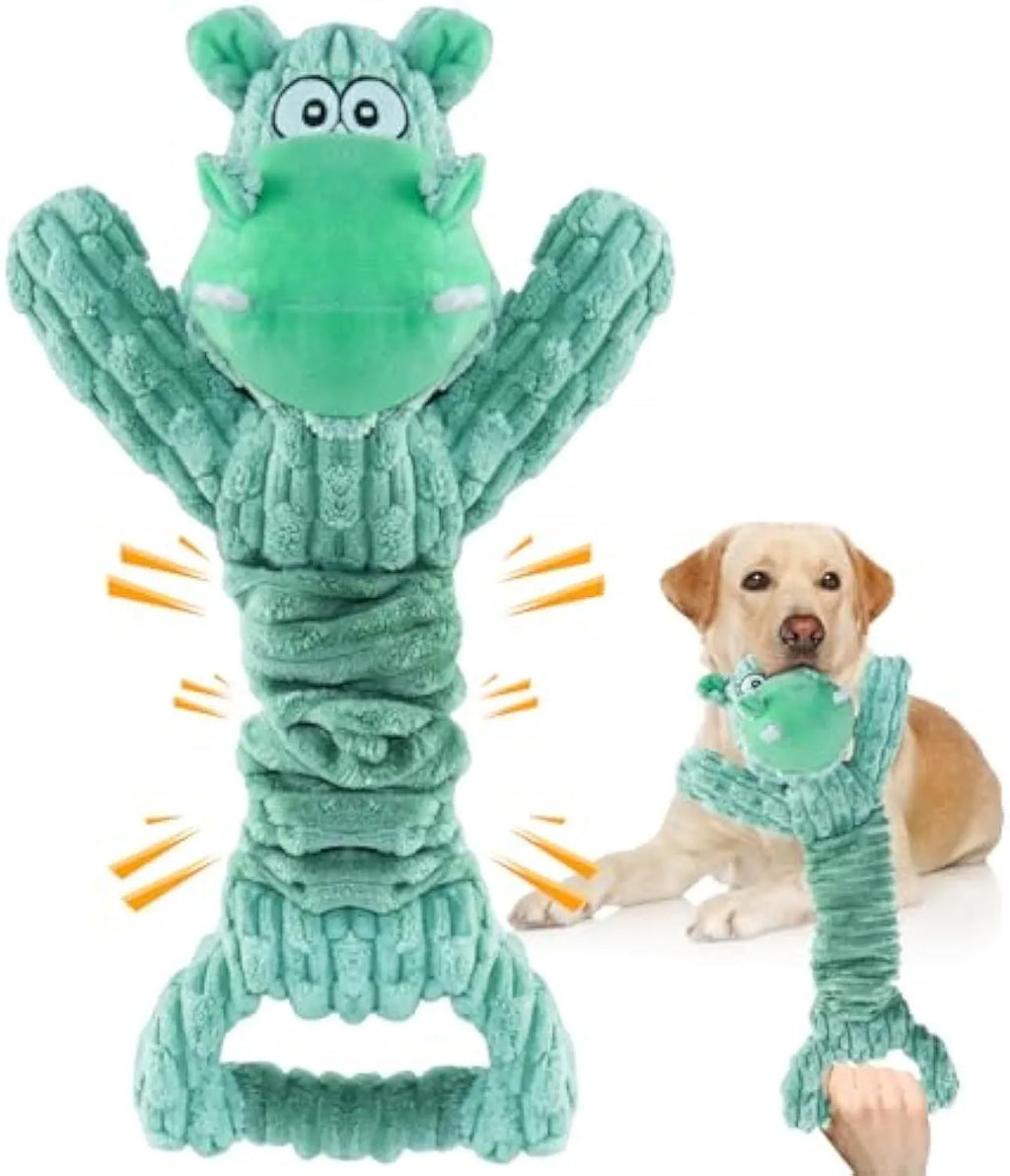 Large squeaky plush dog toy in hippo or monkey design with telescopic handle for tug of war