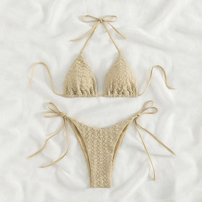 Women's high waist lace-up bikini swimsuit in khaki, blue, pink or black colours